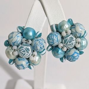 Vintage Mid Century Blue White Bead Clip Earrings
